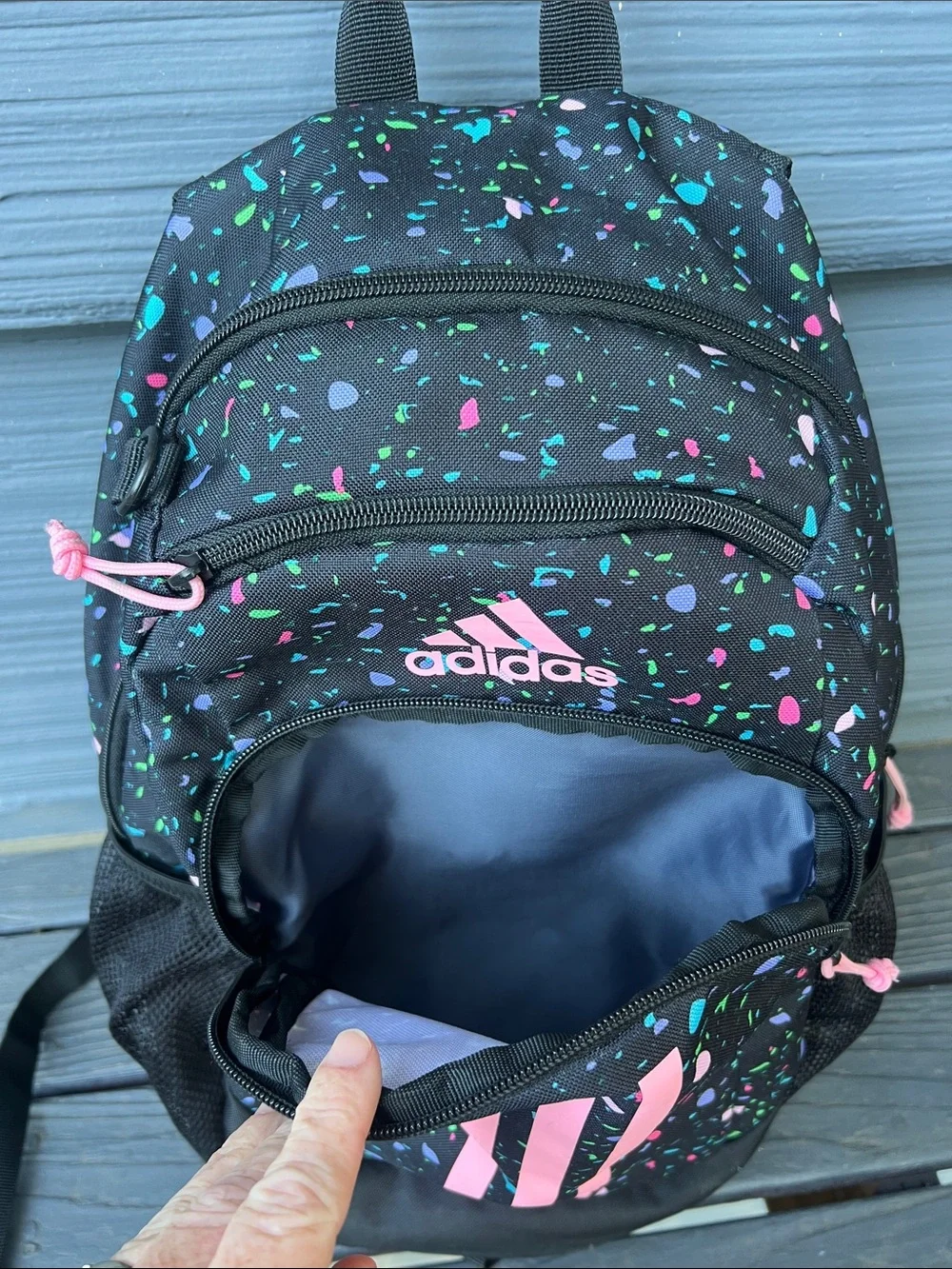 adidas Kids Black Backpack with Pink Stripes and Multicolor Confetti